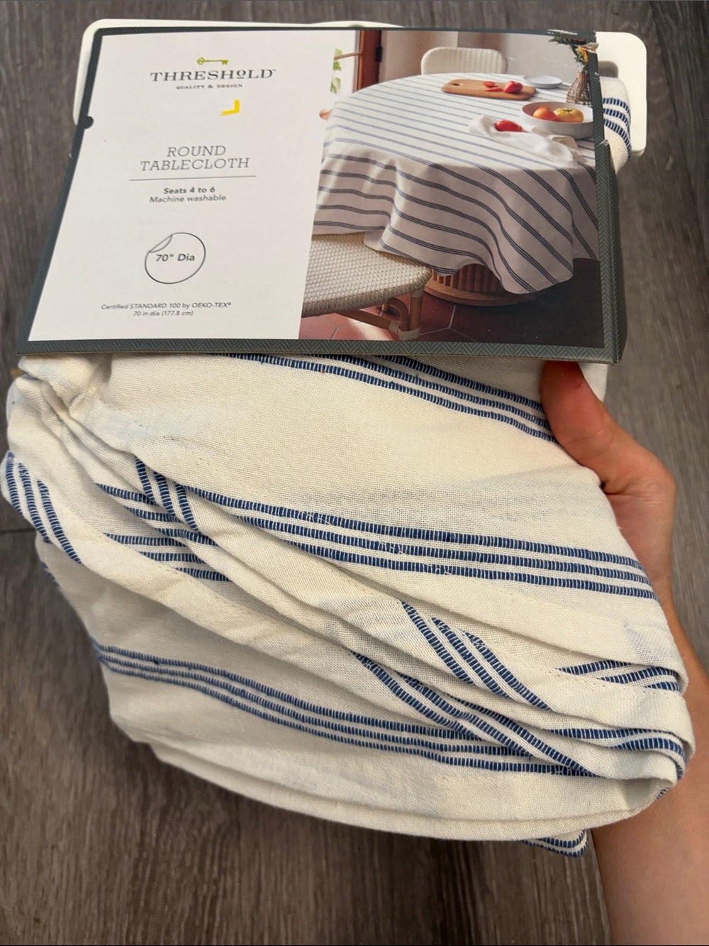 NEW 70” ROUND TABLECLOTH Threshold Target WHITE W/ NAVY BLUE STRIPES Oeko-Tex